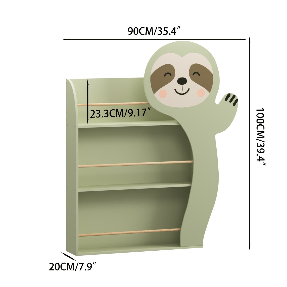 Sage green sloth toddler book display rack with three shelves and side profile