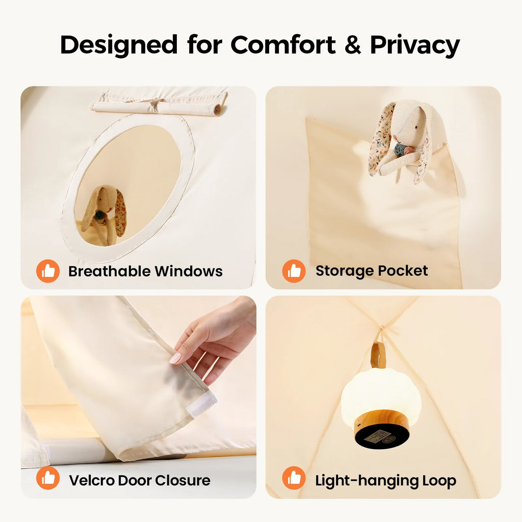 Tiny Land® bed tent features: breathable windows, storage pocket, Velcro door, hanging loop