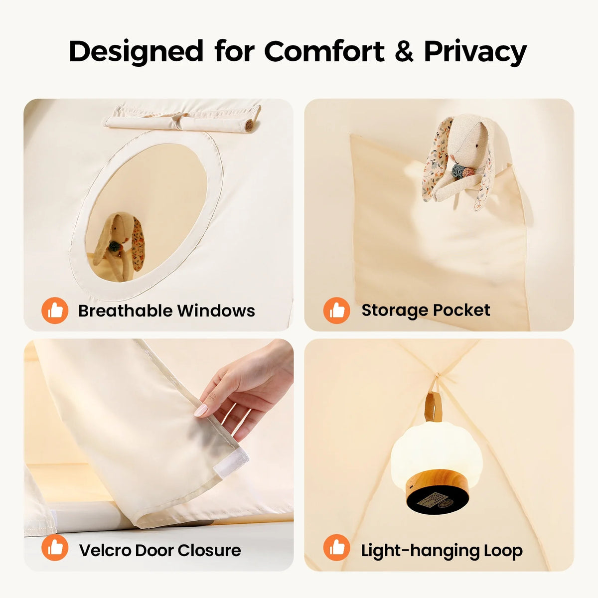 Tiny Land® bed tent features: breathable windows, storage pocket, Velcro door, hanging loop