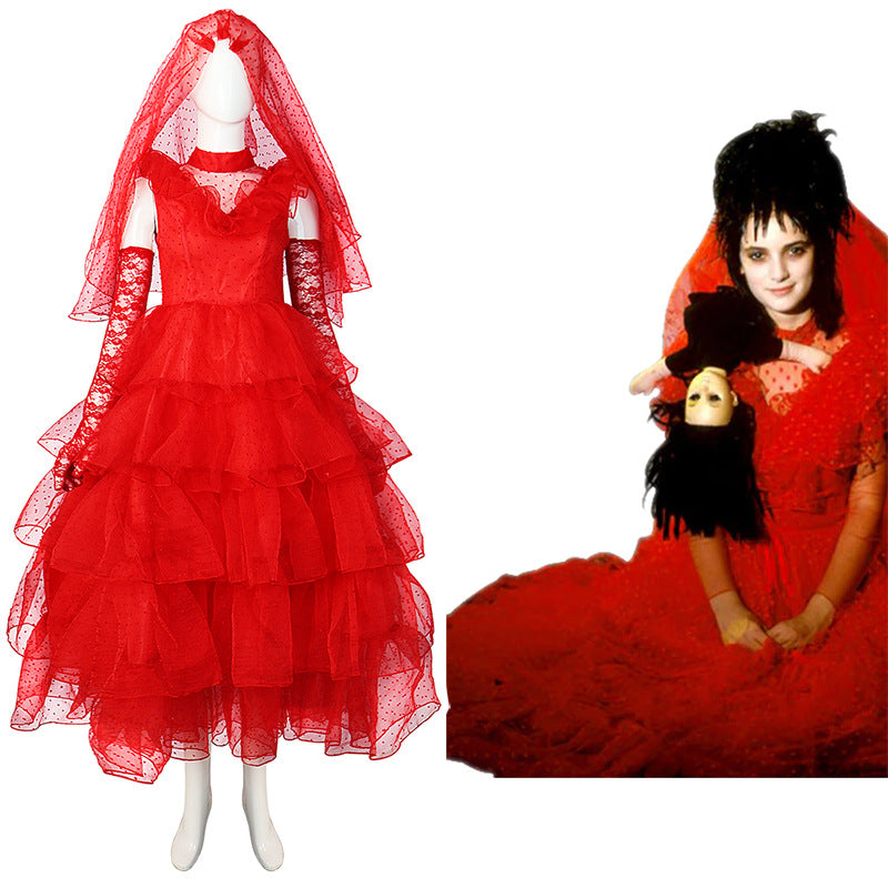 Red tulle ruffle wedding-style costume dress with layered skirt and mesh veil