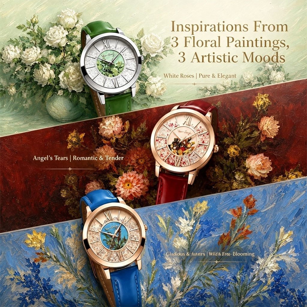 Three women's quartz artistic watches with green, red, and blue leather straps