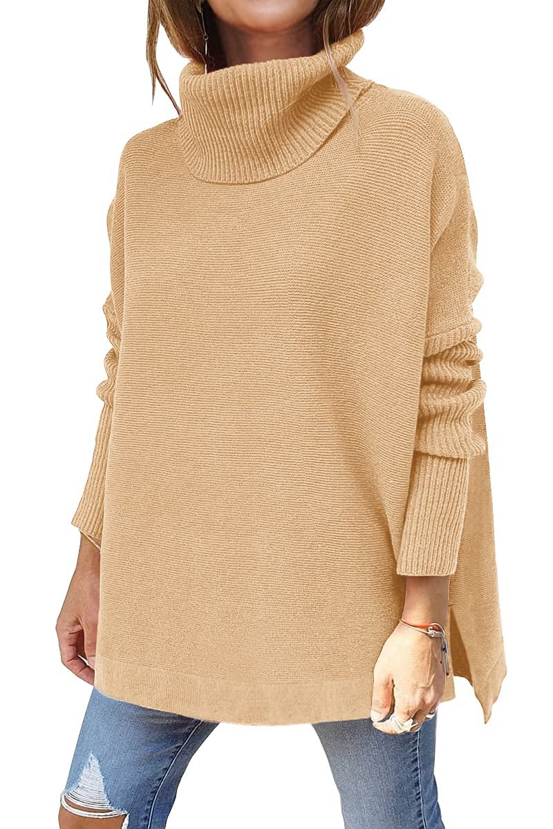 Camel brown ribbed knit turtleneck tunic sweater, batwing sleeves, side slit hem