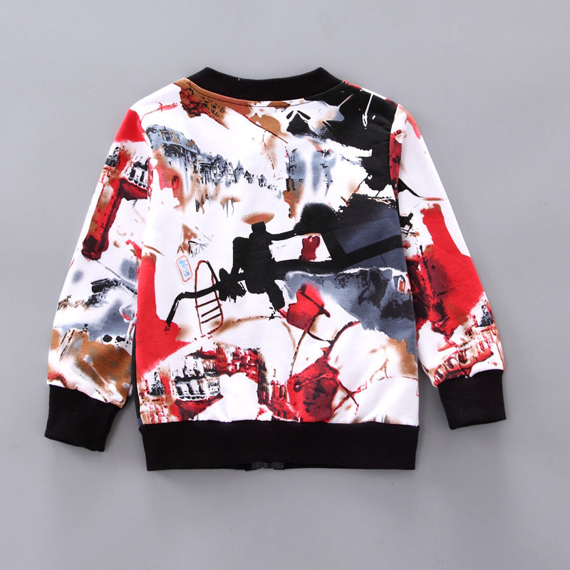 Back of boys' abstract print jacket with black collar, cuffs, and hem