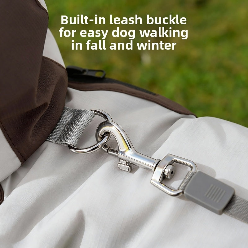 Dog jacket built-in leash buckle with metal ring and clip at strap
