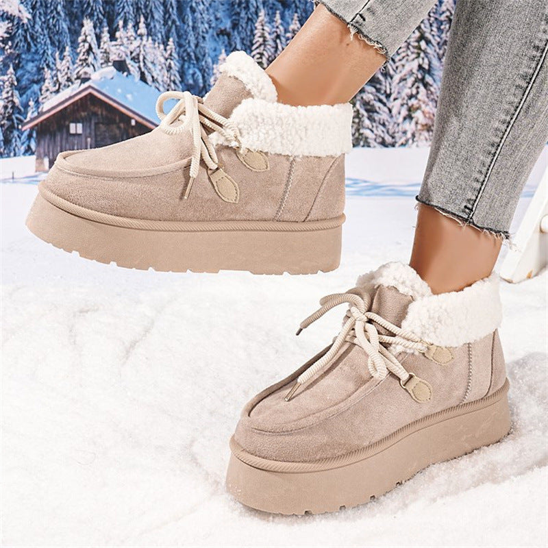 Fleece-lined snow boots in beige with lace-up front, sherpa cuff trim, thick sole