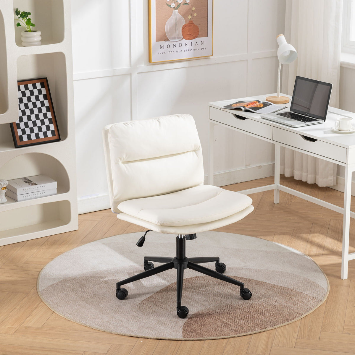 White adjustable swivel office chair with padded seat and back, black cross-base.