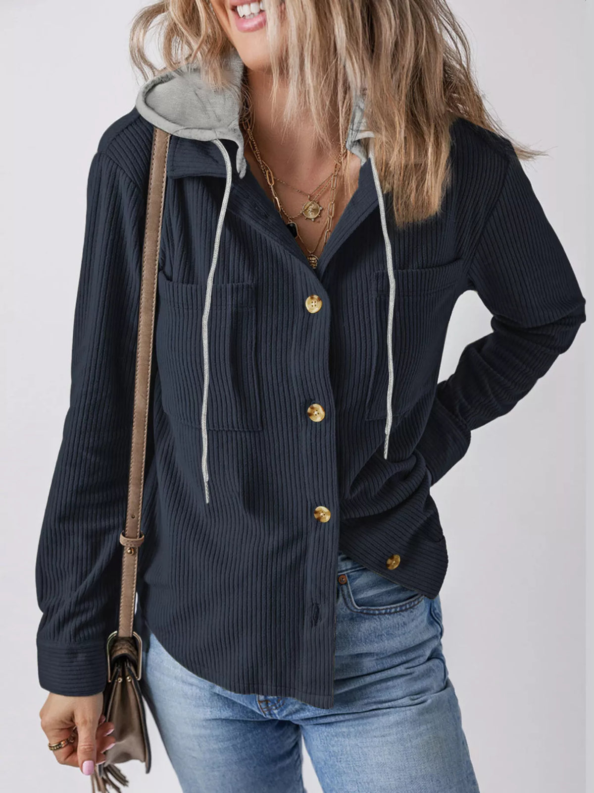 Navy corduroy hooded button-down jacket with drawstring hood and gold buttons