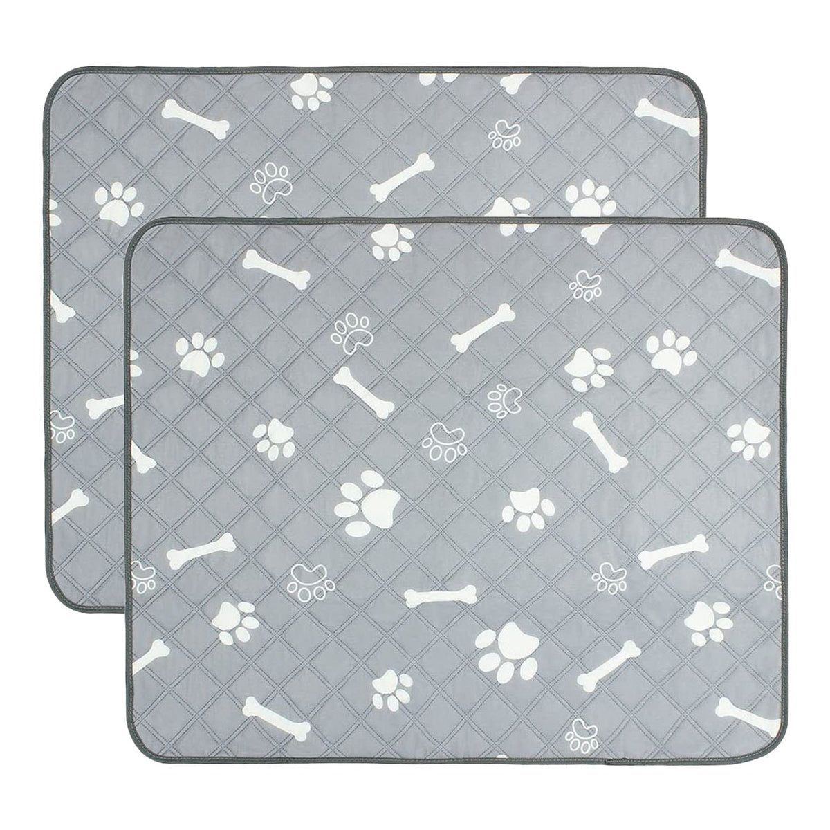 Two grey reusable pet pee pads with white paw and bone pattern, flat layout