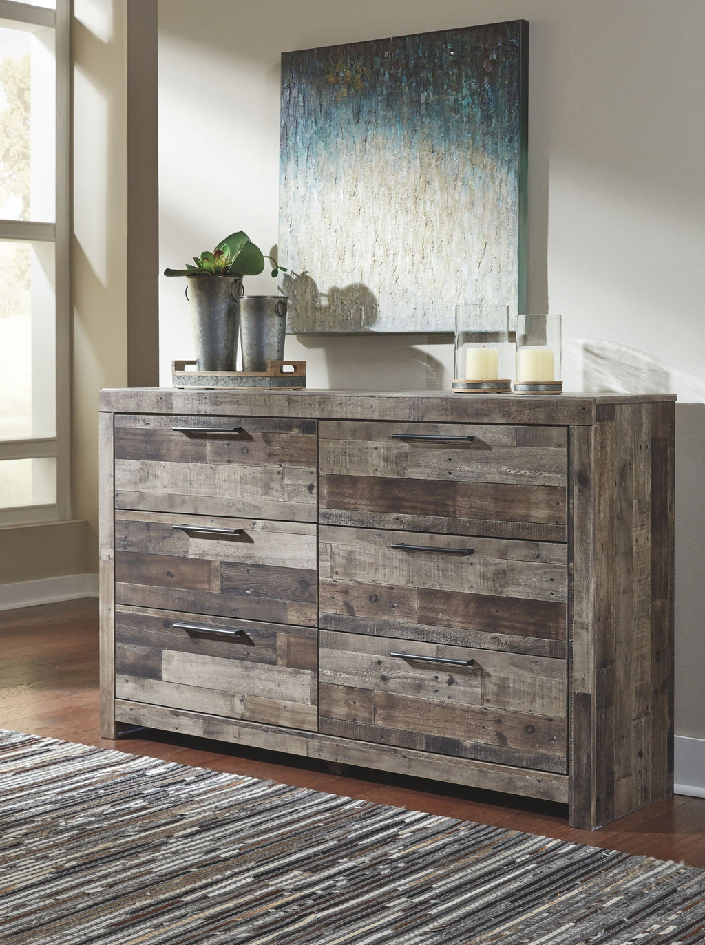 Youth dresser with drawers and tall mirror, distressed gray-brown wood finish