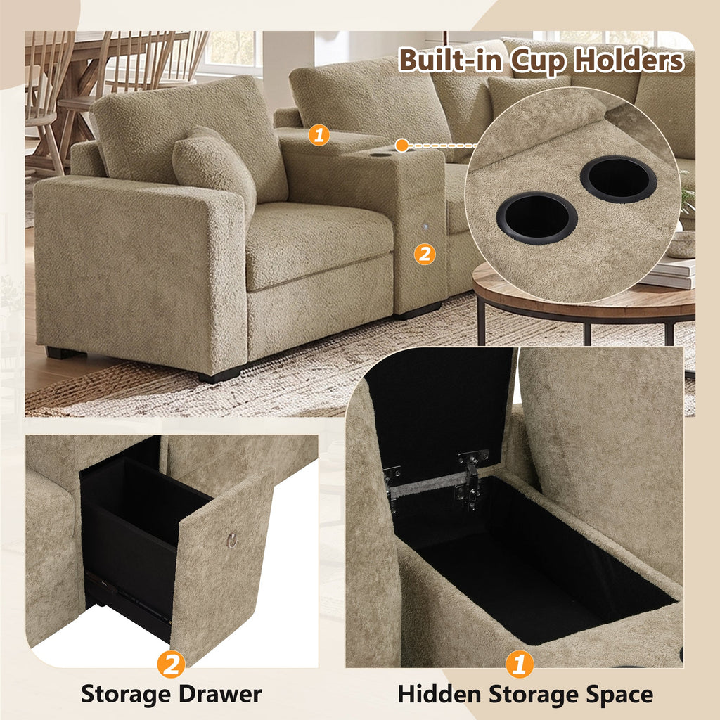 Beige sectional sofa detail: built-in cup holders and hidden storage compartments