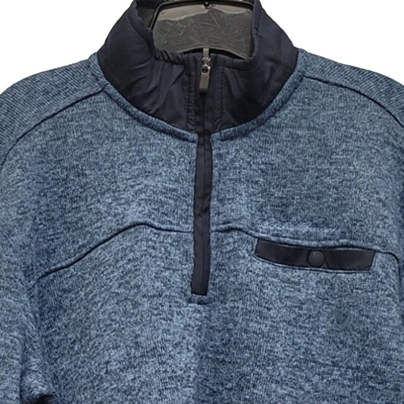 Blue heather quarter-zip knit pullover sweater with mock chest pocket and long sleeves