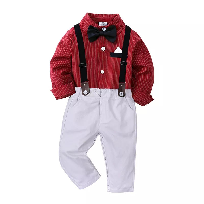 Red striped shirt with black bow and white overalls with buttoned suspenders