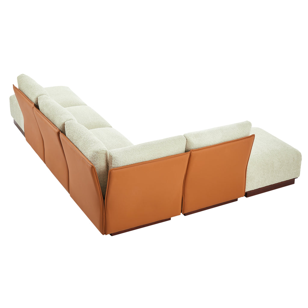 L-shaped sectional sofa with sesame boucle cushions and terracotta side panels