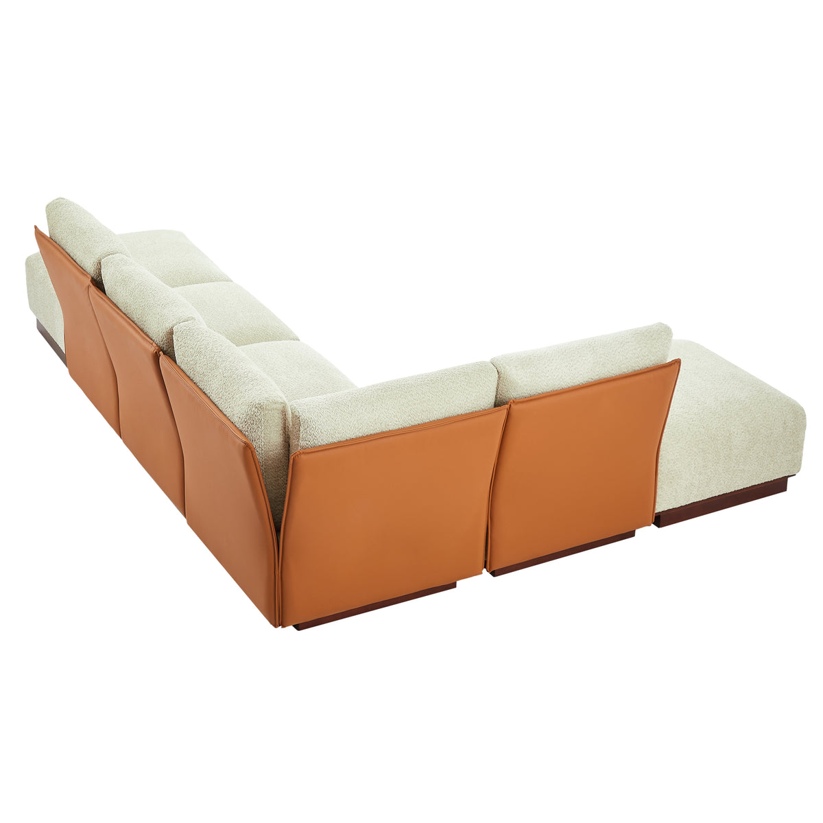 L-shaped sectional sofa with sesame boucle cushions and terracotta side panels