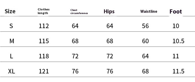 Size chart table with clothes length, chest, hips, waistline, and foot measurements