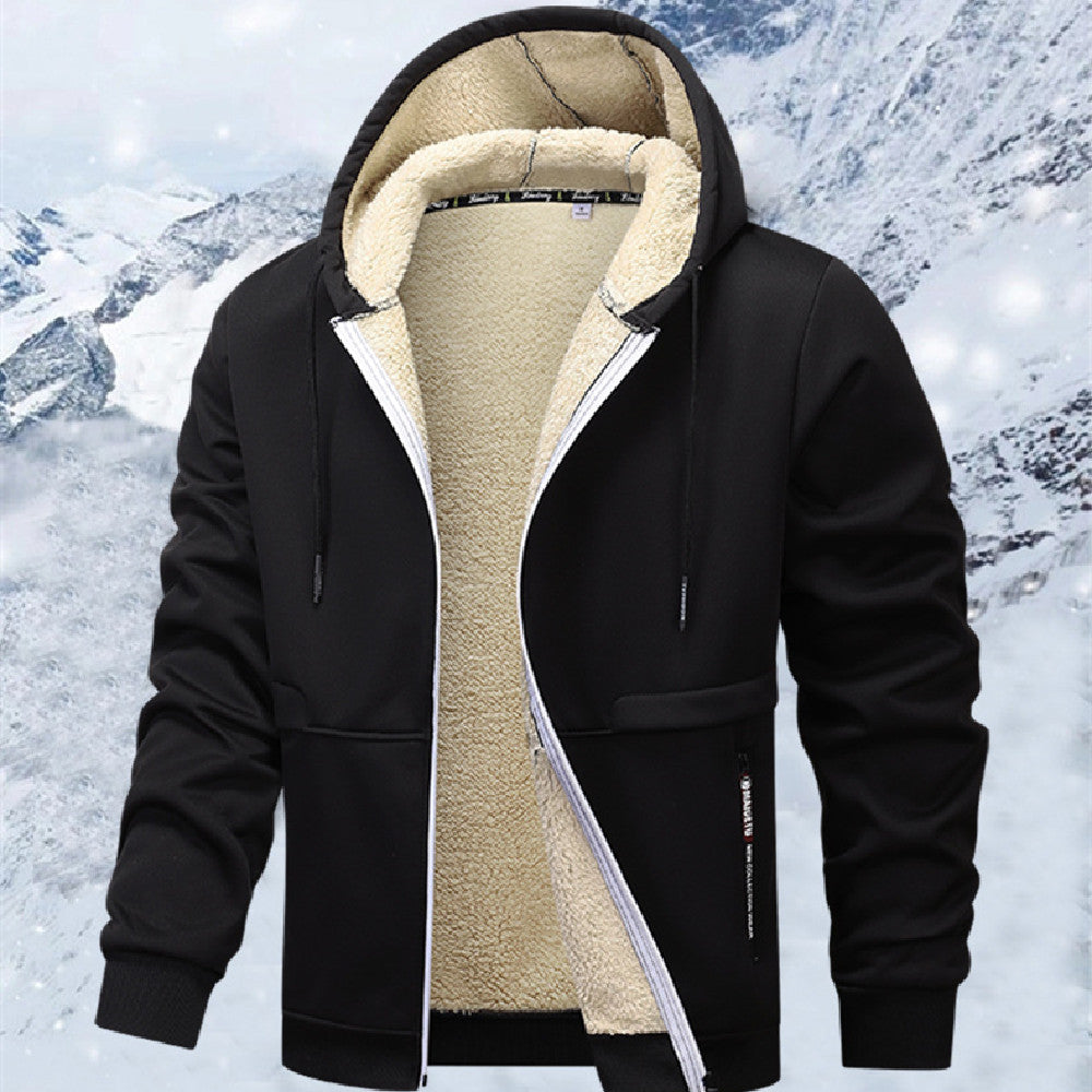 Black zip-up hoodie with sherpa lining, sherpa hood, and contrast trim at seams