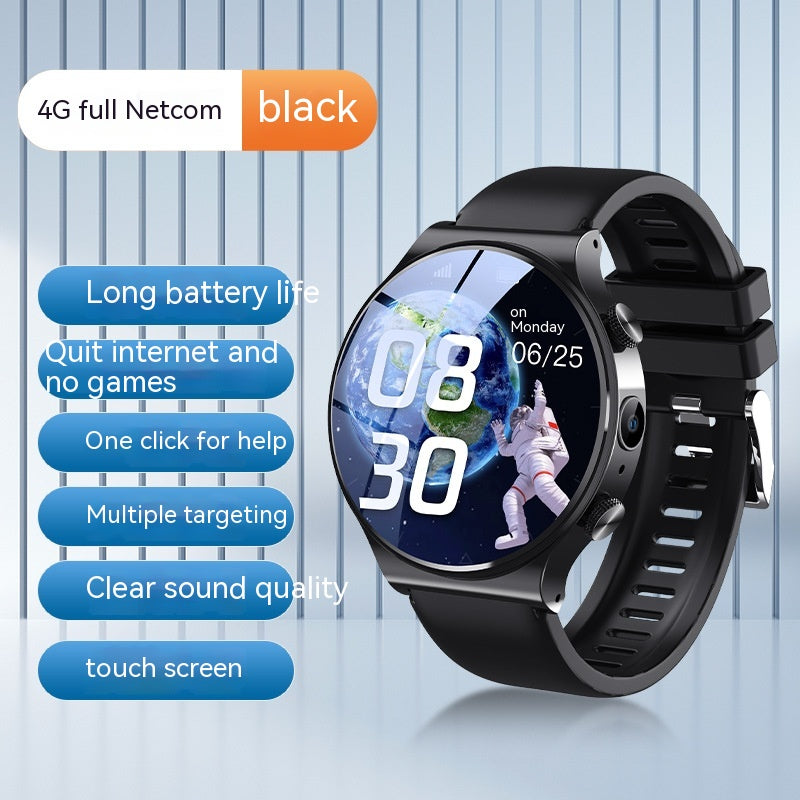 Black smartwatch with round touchscreen and sporty perforated wrist strap