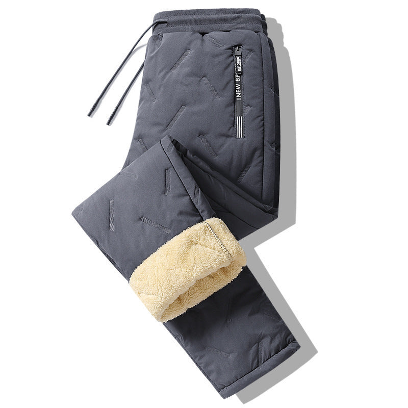 Men's gray fleece-lined sweatpants with drawstring waist, sherpa cuff lining, side zipper detail