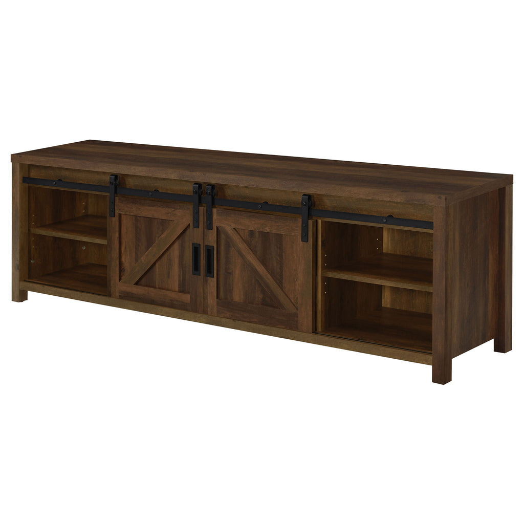 Dark pine TV console with two door cabinets and open shelves, side-on view
