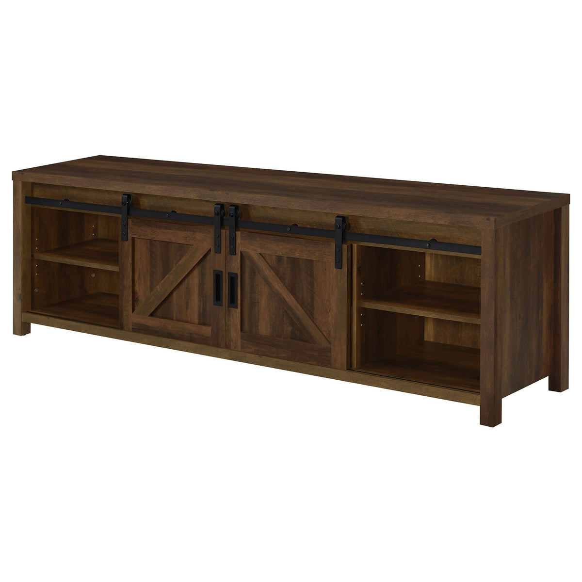 Dark pine TV console with two door cabinets and open shelves, side-on view