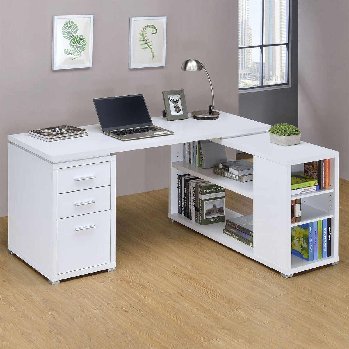White L-shaped desk with 3-drawer left cabinet and right bookcase shelves, open center