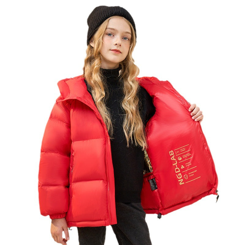 Kids' red puffer jacket with hood, zip front, and logo patch on sleeve