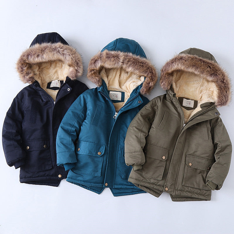 Boys insulated winter jackets with faux fur hoods in navy, teal, and olive