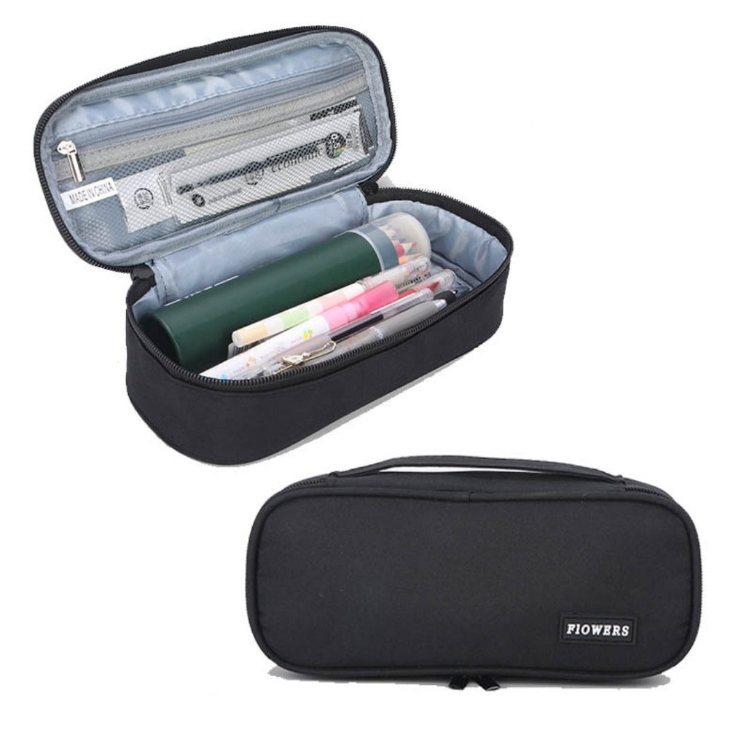 Black zipper pencil case shown open and closed, with inner clear organizer