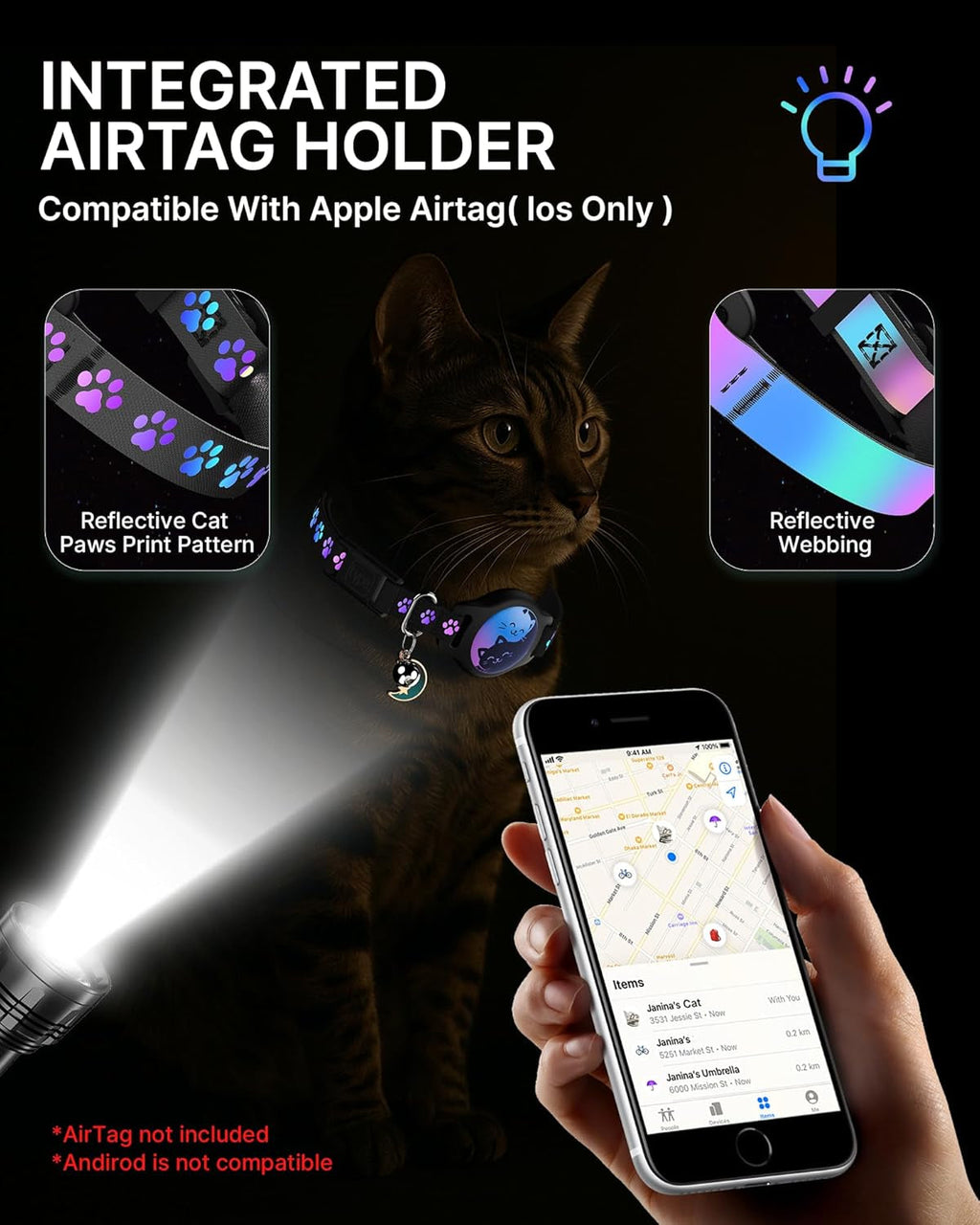 Black reflective cat collar with an AirTag holder and dangling bell-and-moon charm