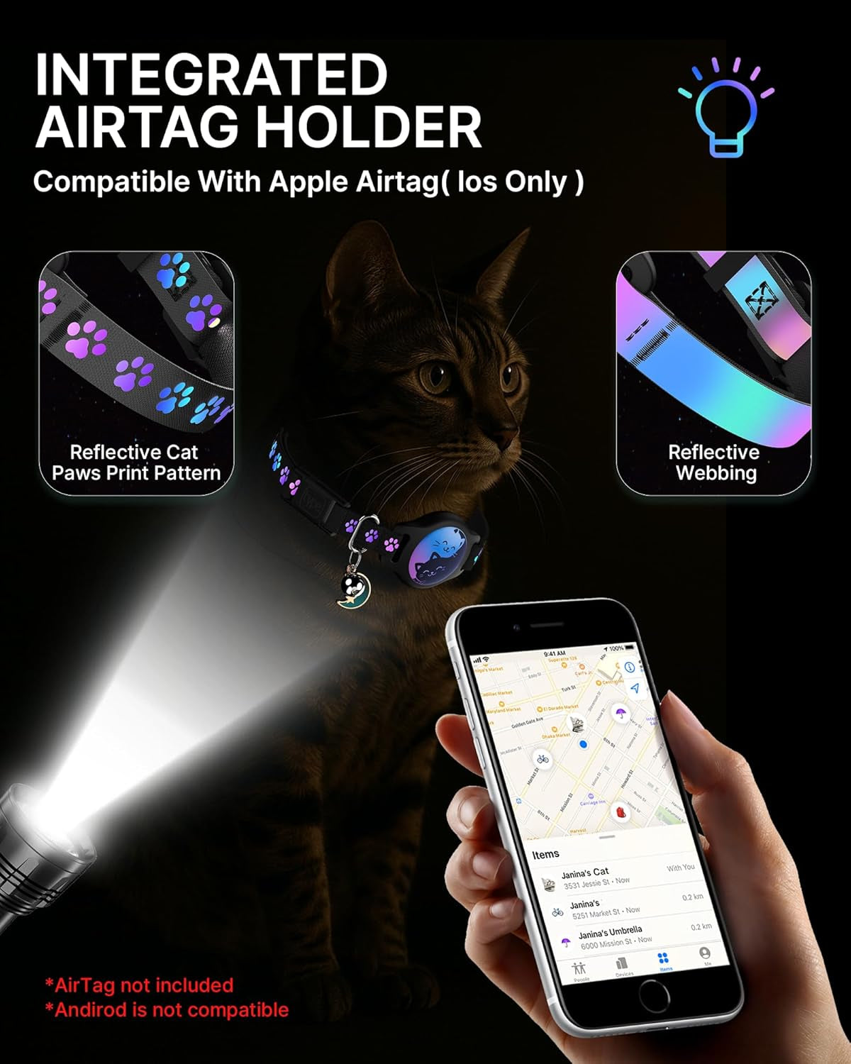 Black reflective cat collar with an AirTag holder and dangling bell-and-moon charm