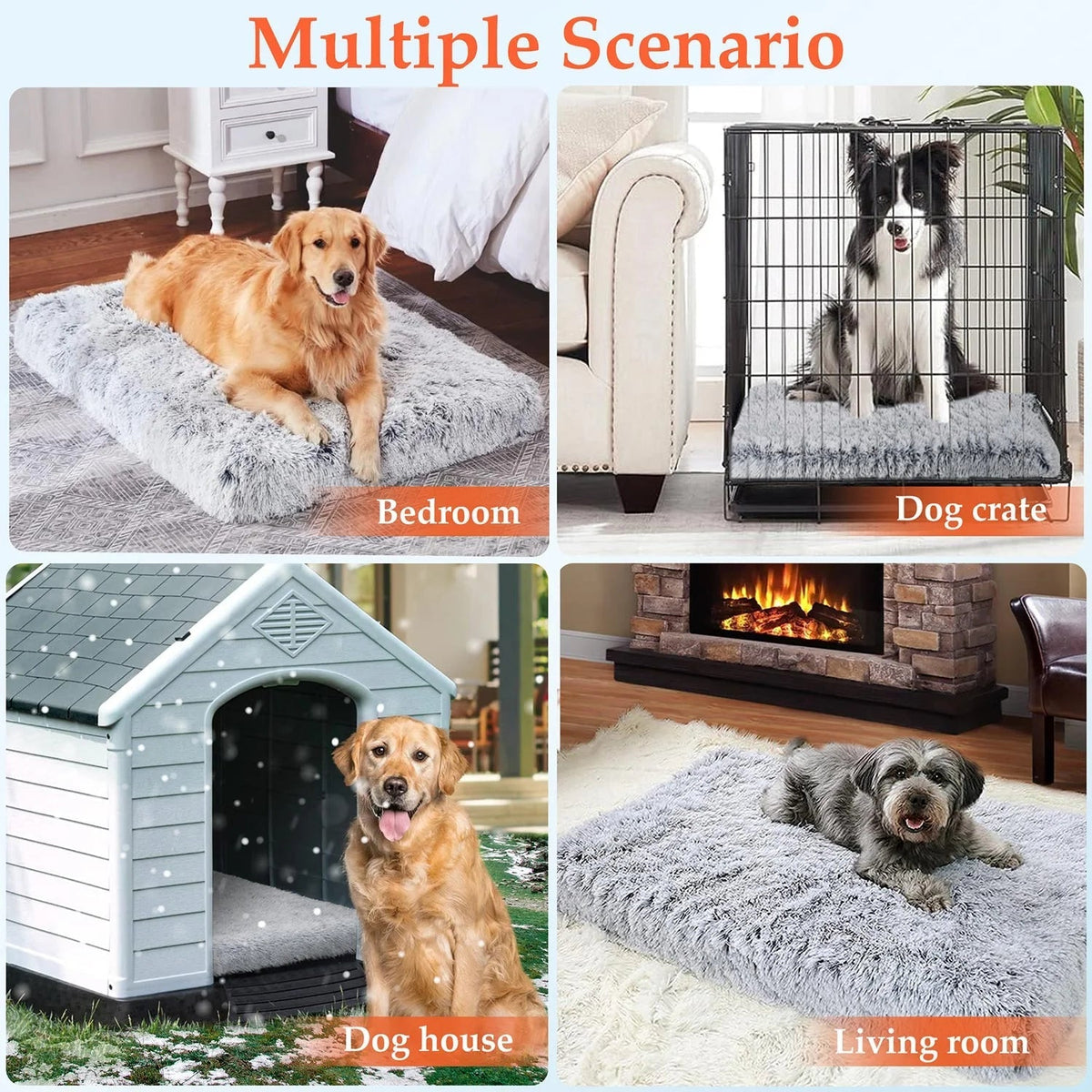 Gray plush dog bed shown in multiple indoor use settings