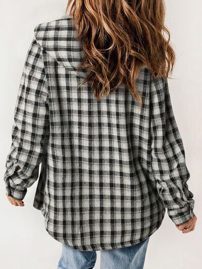 Plaid hooded plush snap jacket back view in dark gray and black with long sleeves