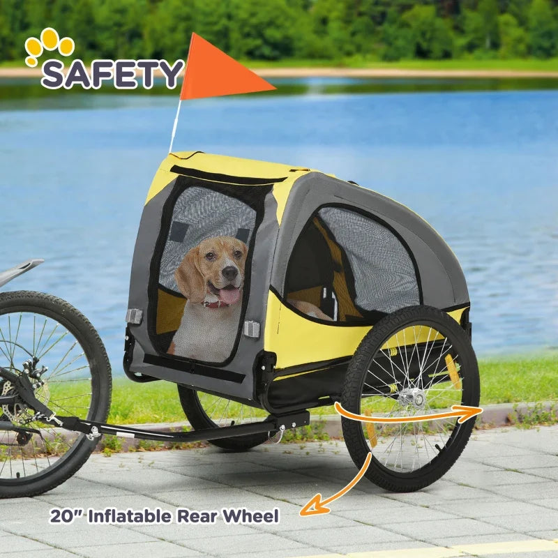 Yellow dog bike trailer pet stroller with 20-inch inflatable rear wheel and orange flag