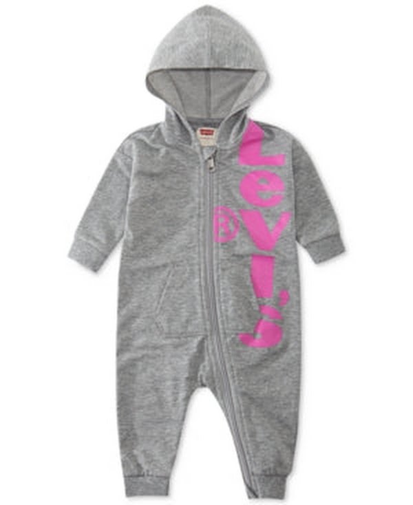 Levis baby girls hooded logo-print zip coverall, gray french terry