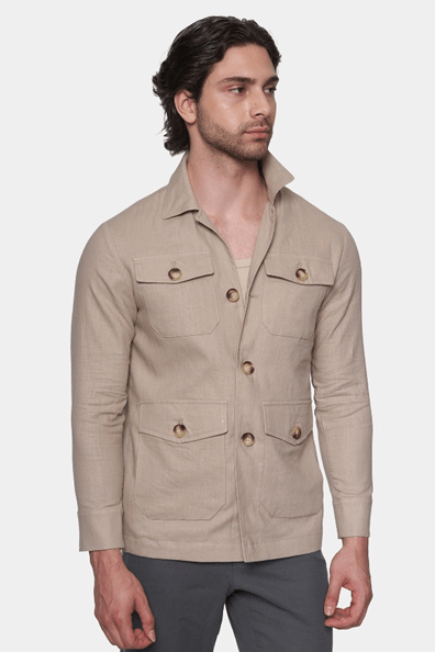 Men's slim safari coat in natural beige, side three-quarter view with flap pockets and buttons