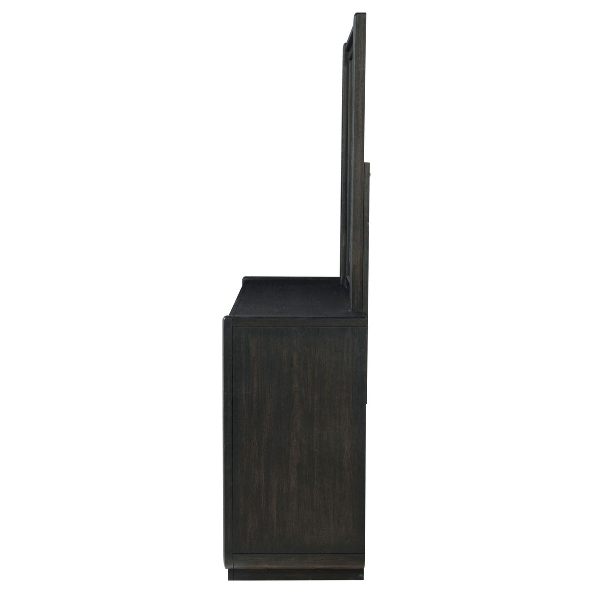 Black dresser side profile with tall mirror frame and smooth drawer fronts