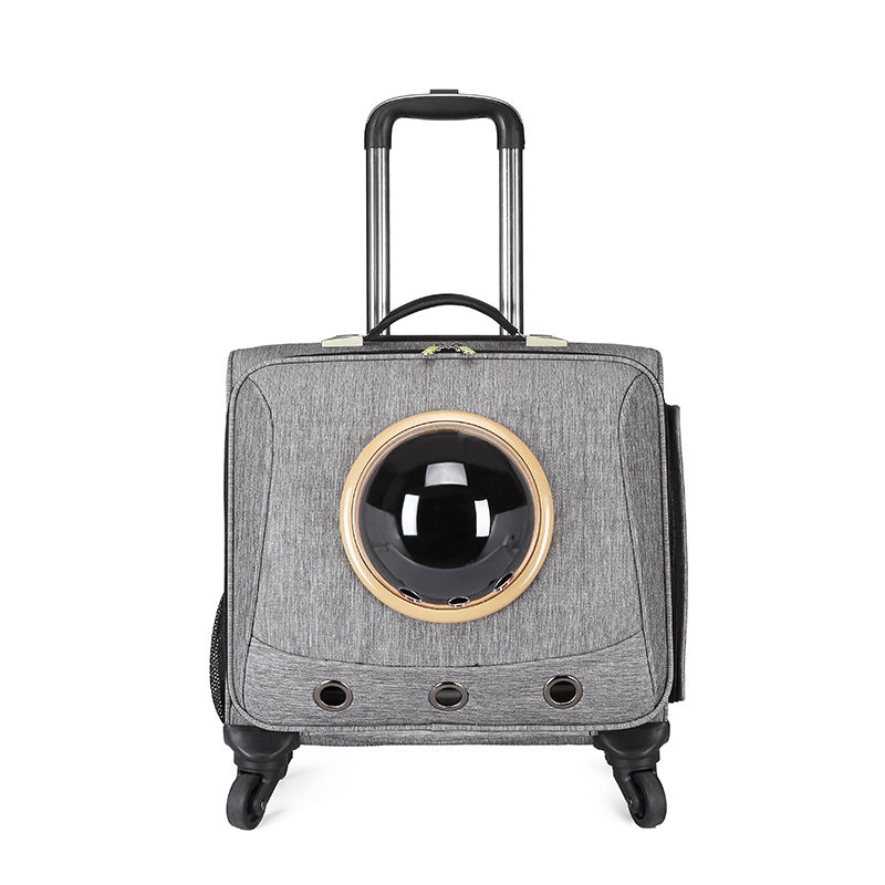 Light gray pet travel carrier with round bubble front window and upright trolley handle