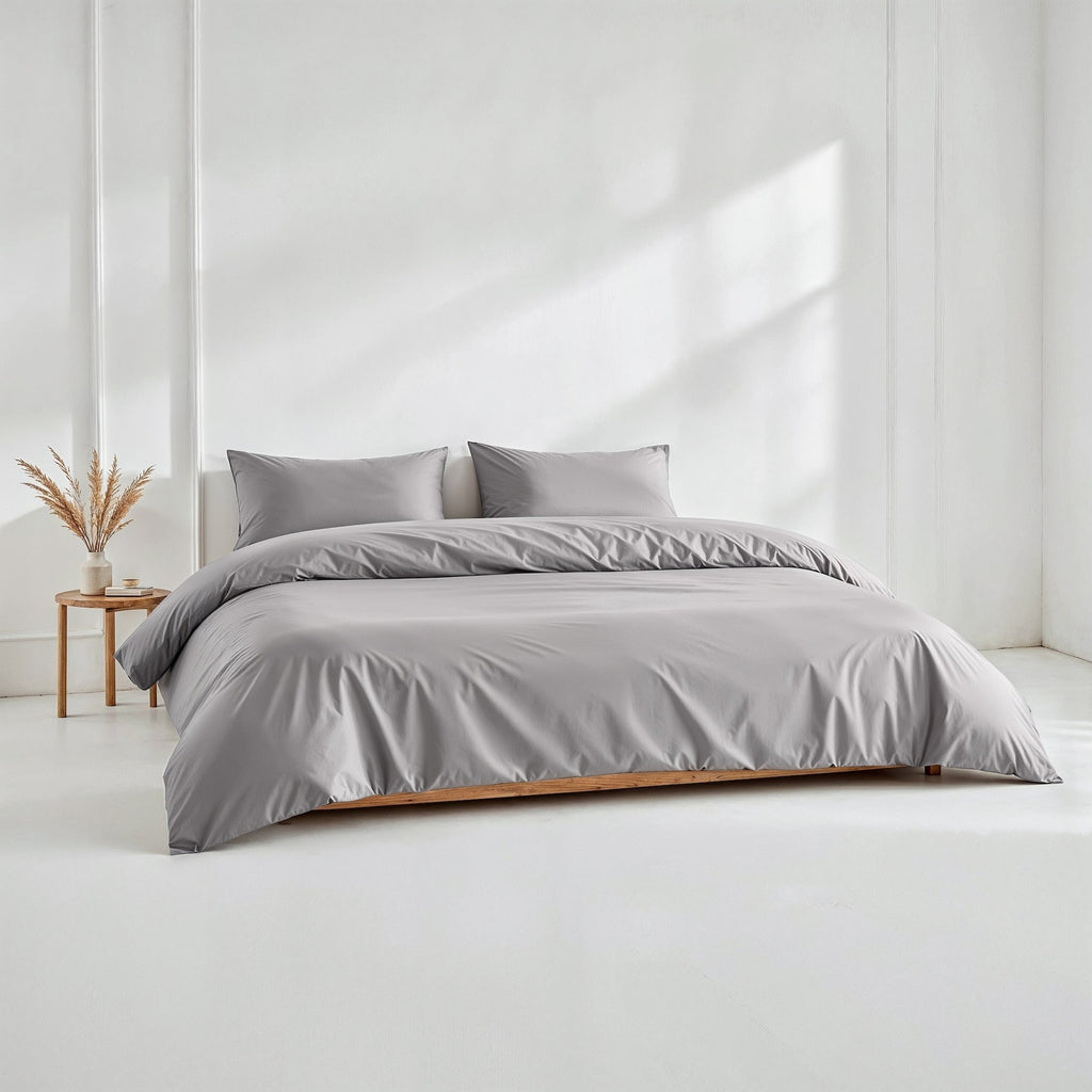 Sateen bedding set with bed cover and pillows in medium gray color