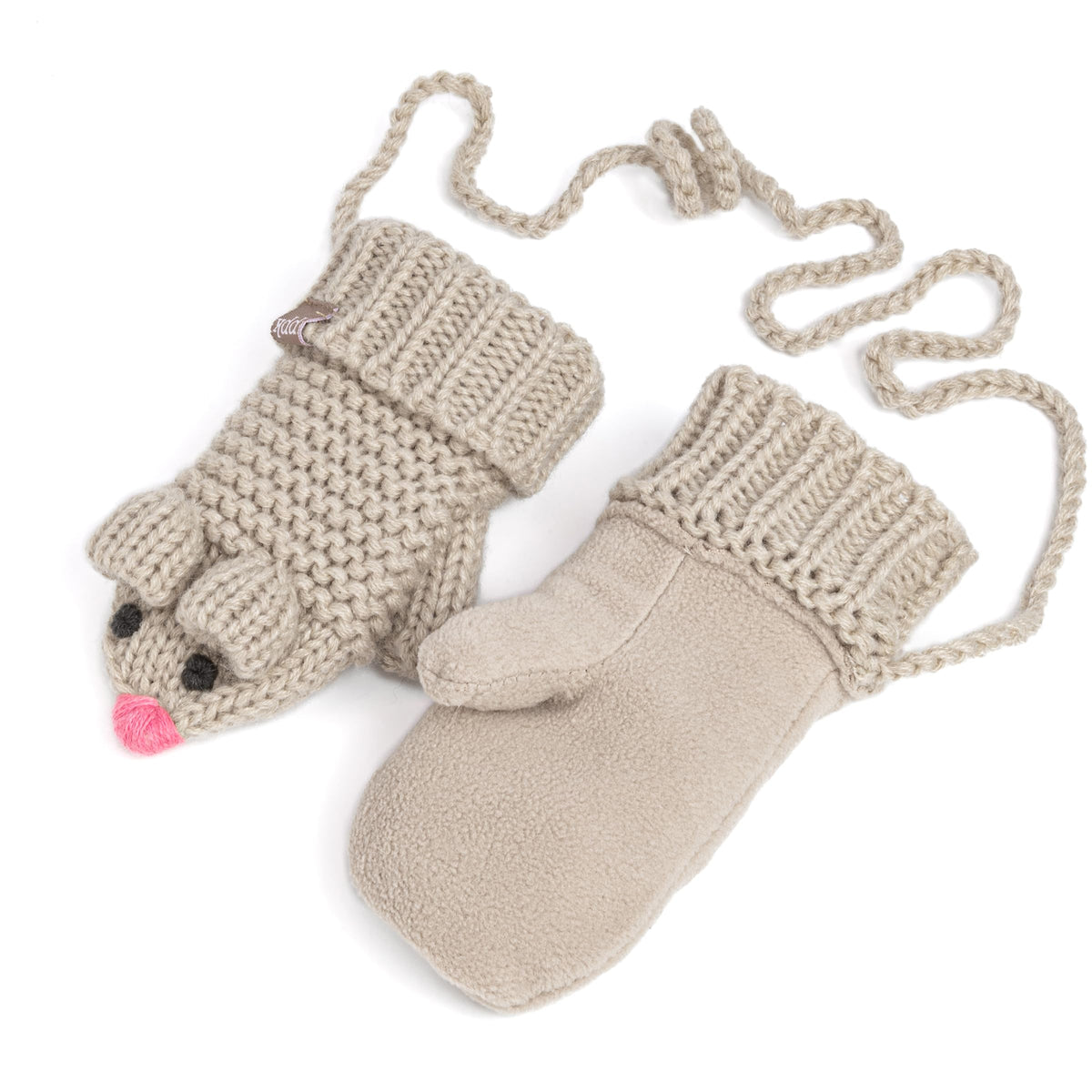 Beige mouse-face knit kids mittens with string ties and pink nose accents