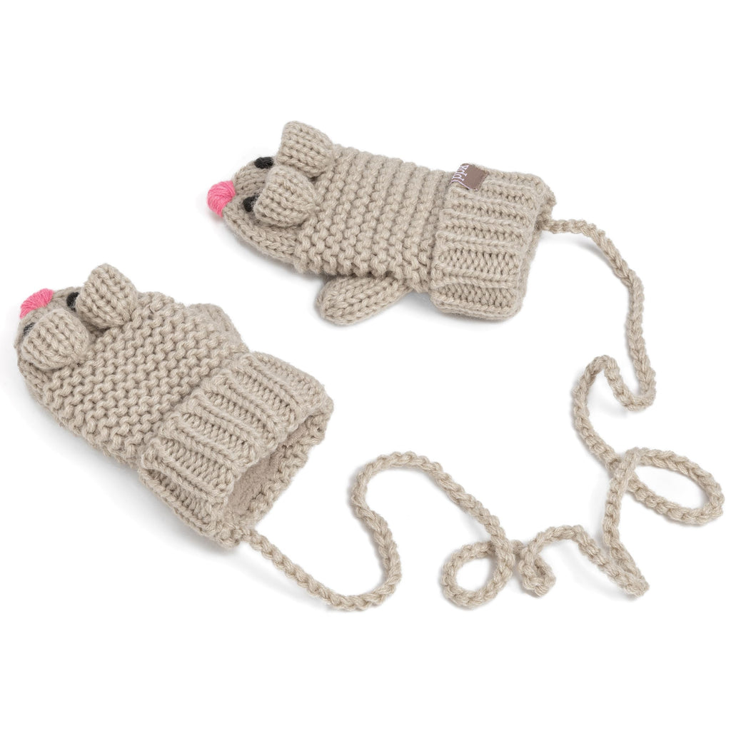 Beige mouse-face knit mittens set with string ties and pink pom accents