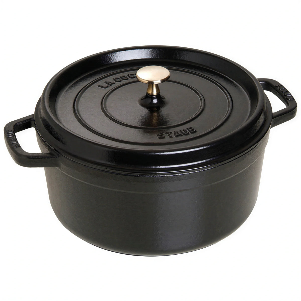 Black enameled cast iron Dutch oven with round lid, gold knob, and side handles
