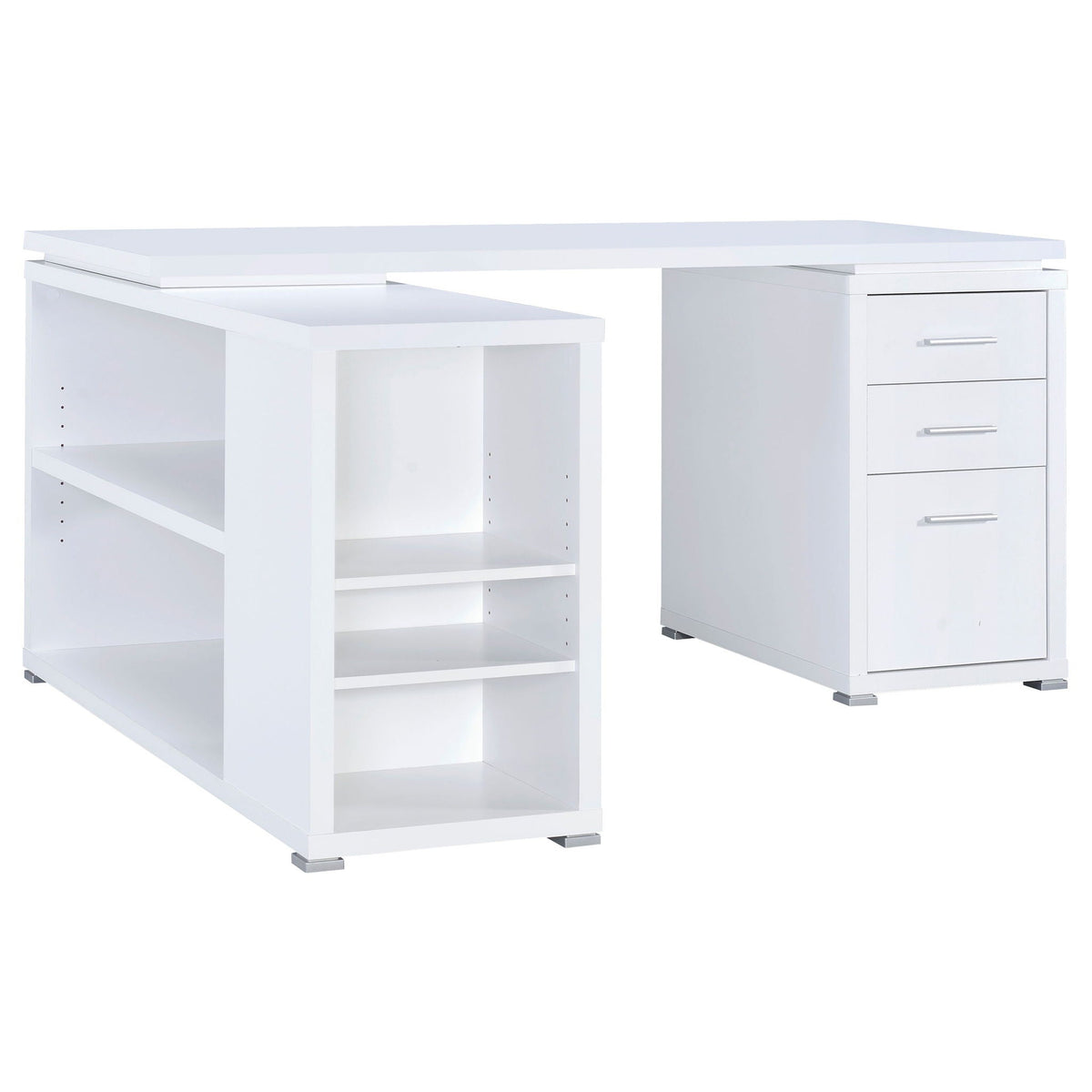 White L-shaped desk with open cubby shelves on the left and drawer cabinet on the right