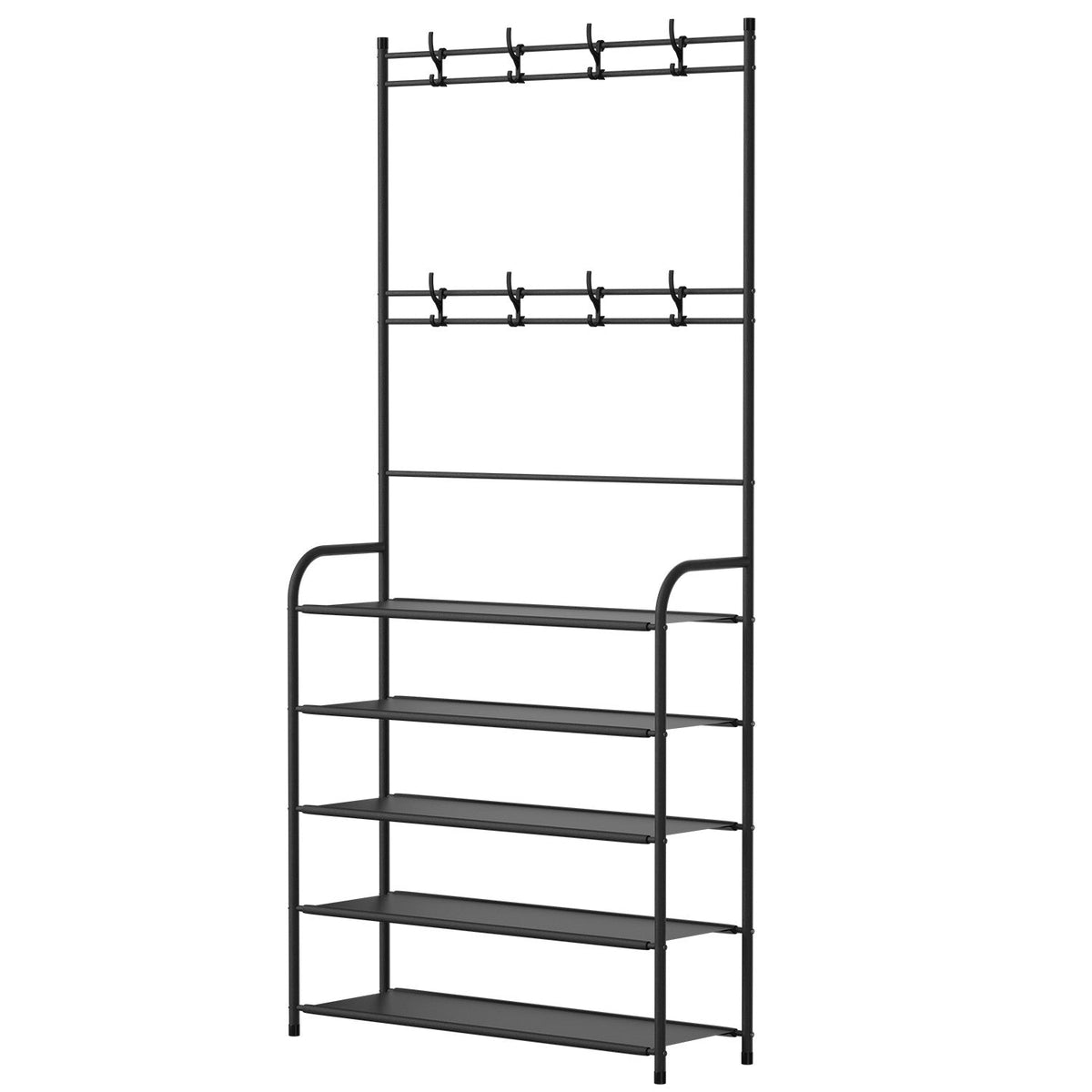 Freestanding black metal hall tree with eight hooks and five open shelves