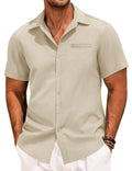 Light apricot short sleeve button-down shirt with chest pocket and front buttons