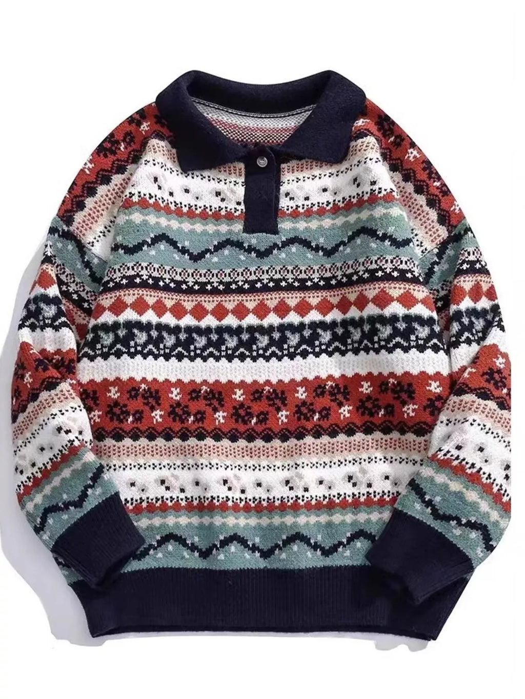 Vintage patterned knit sweater with navy base and red, green, cream fair-isle design
