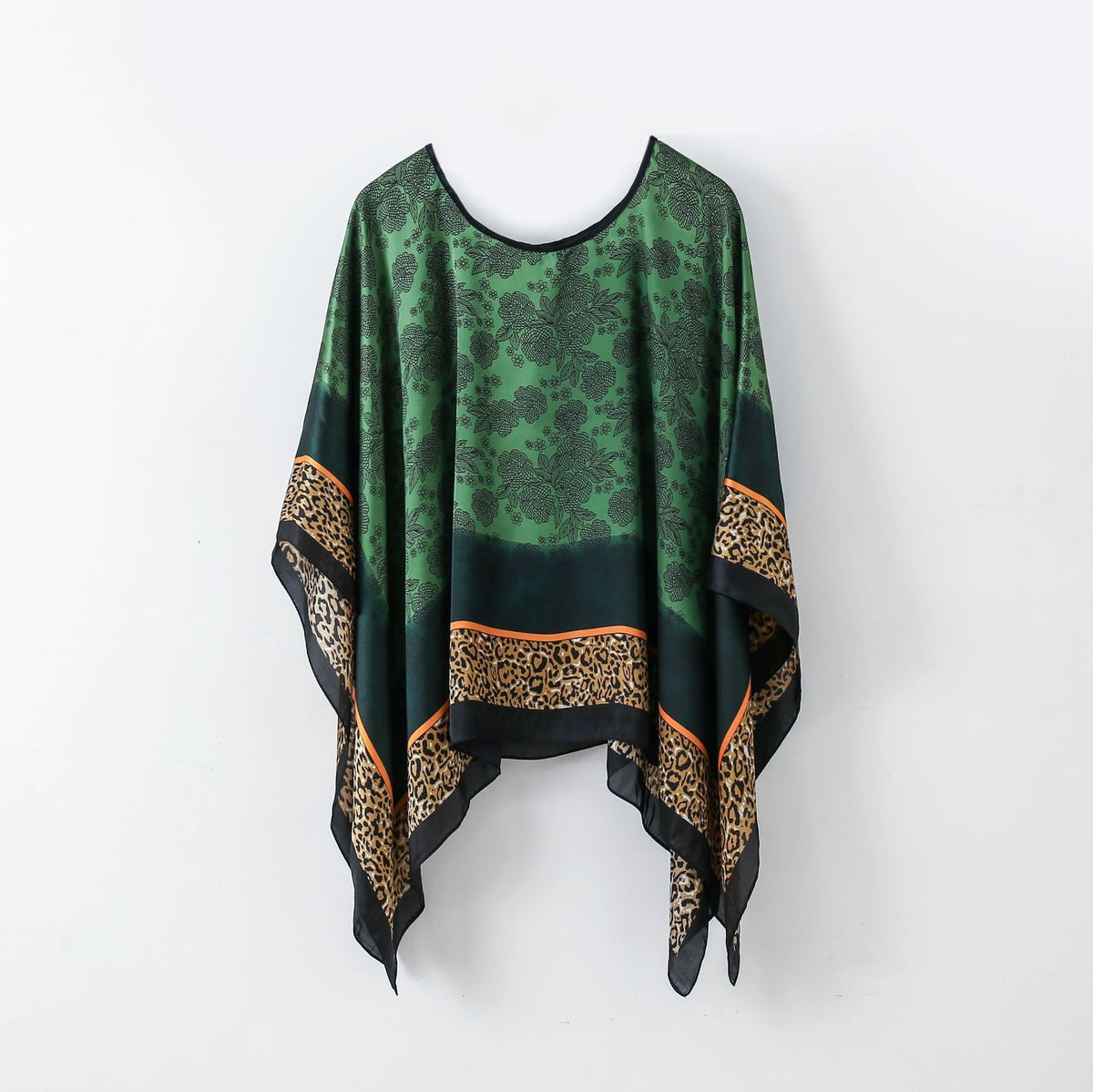 Green leopard-pattern poncho-style pullover shawl scarf with black neckline