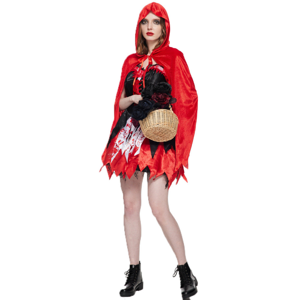 Red hooded cape dress with black panel and white bloodstain print