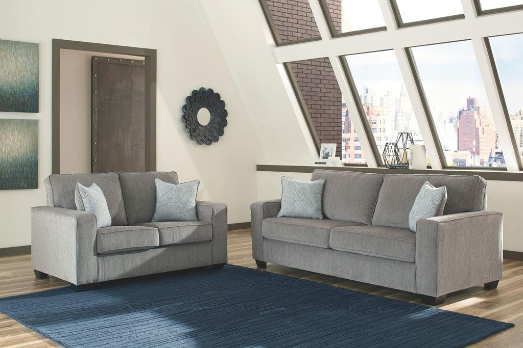 Light gray upholstered loveseat and chair set with square arms and back cushions