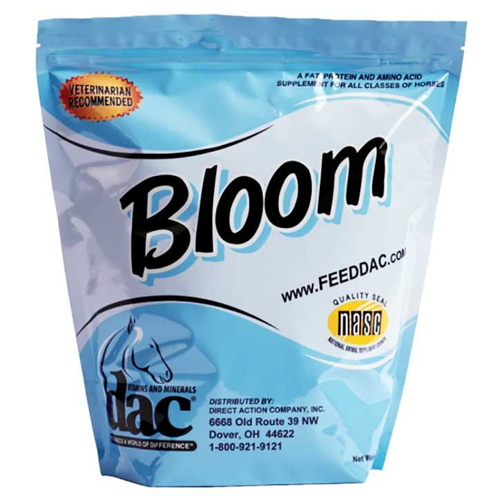 Horse supplement pouch with Bloom branding and blue header label