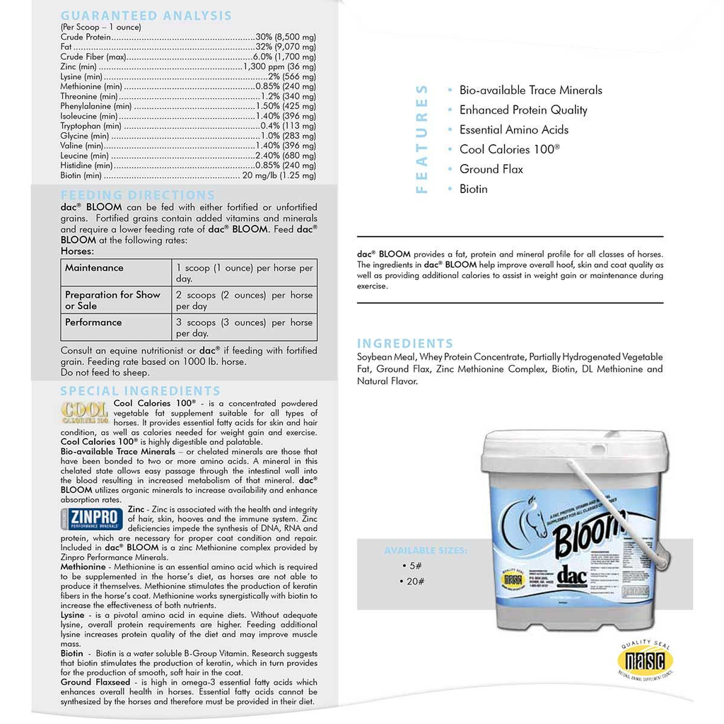Horse supplement product label panel with guaranteed analysis, ingredients, and feeding directions